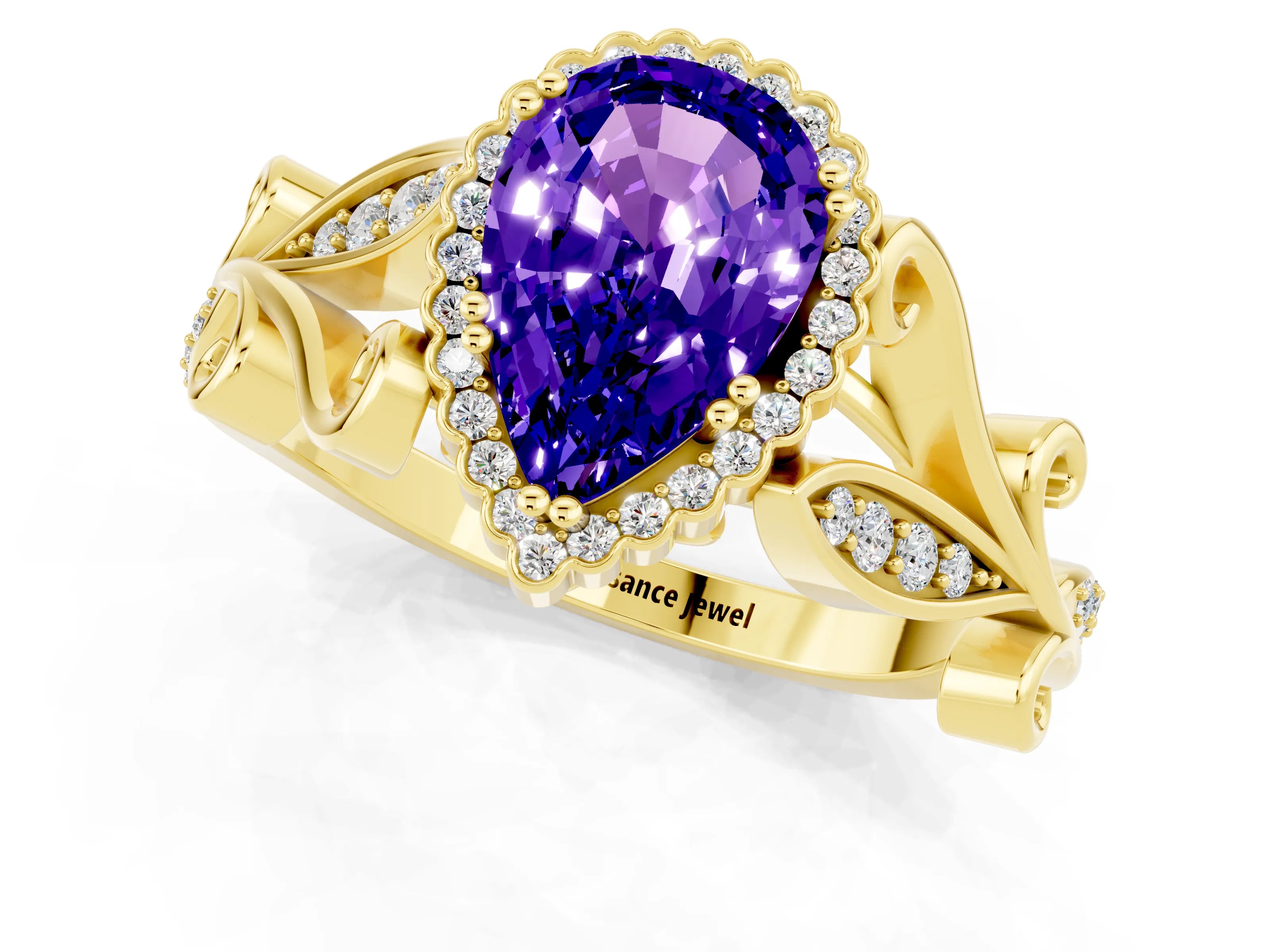 Yellow gold Pear Cut Tanzanite Halo Ring with Vintage Split Shank and Four-Prong Setting_1