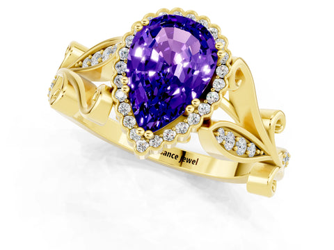 Yellow gold Pear Cut Tanzanite Halo Ring with Vintage Split Shank and Four-Prong Setting_1
