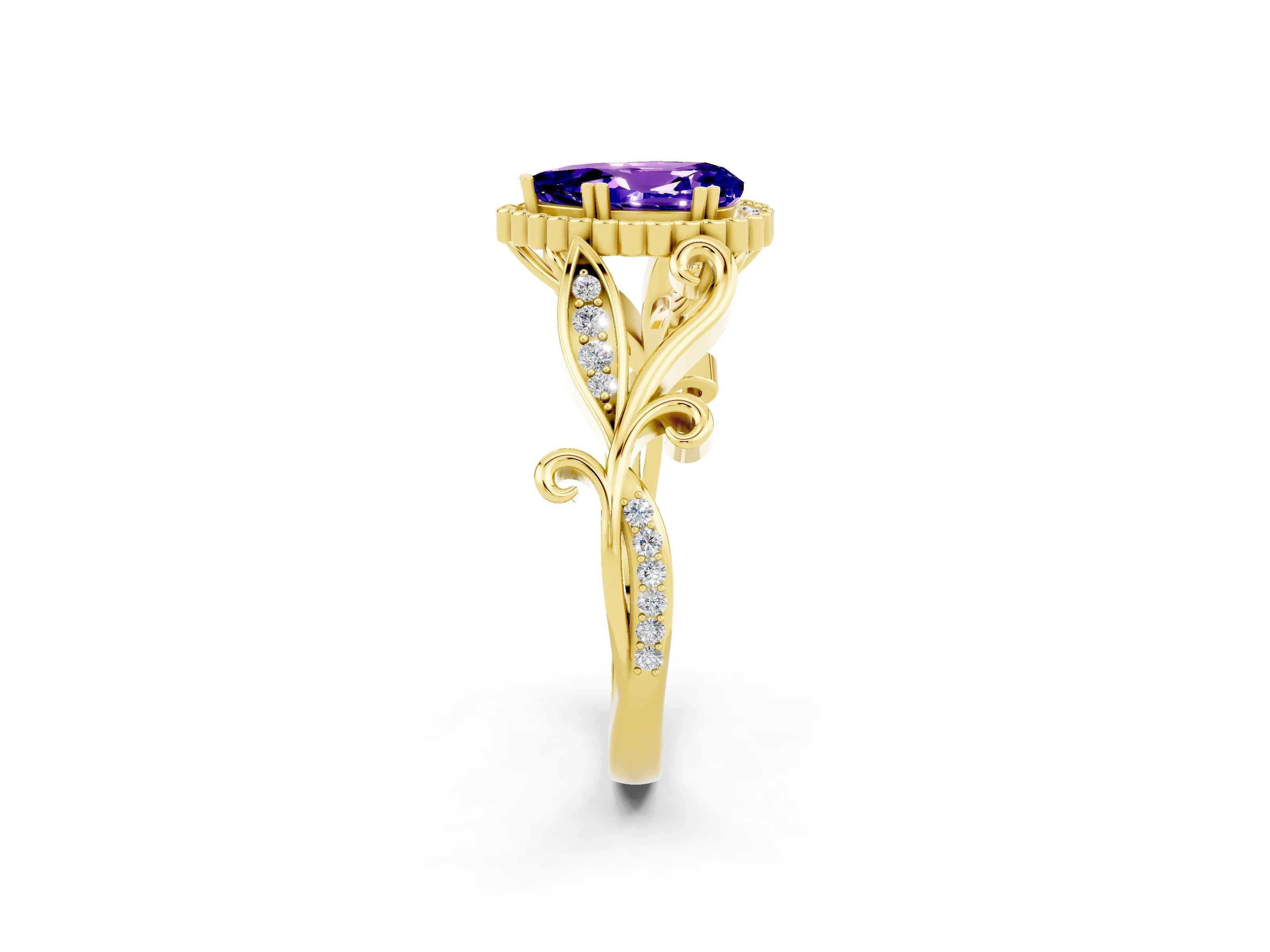 Yellow gold Pear Cut Tanzanite Halo Ring with Vintage Split Shank and Four-Prong Setting_2