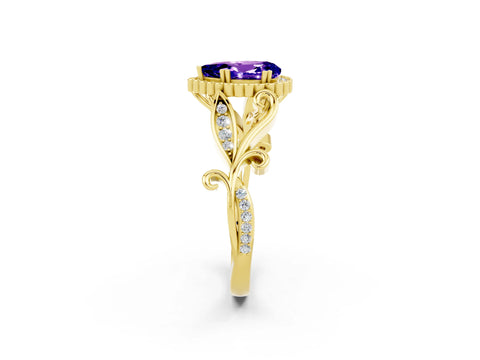 Yellow gold Pear Cut Tanzanite Halo Ring with Vintage Split Shank and Four-Prong Setting_2