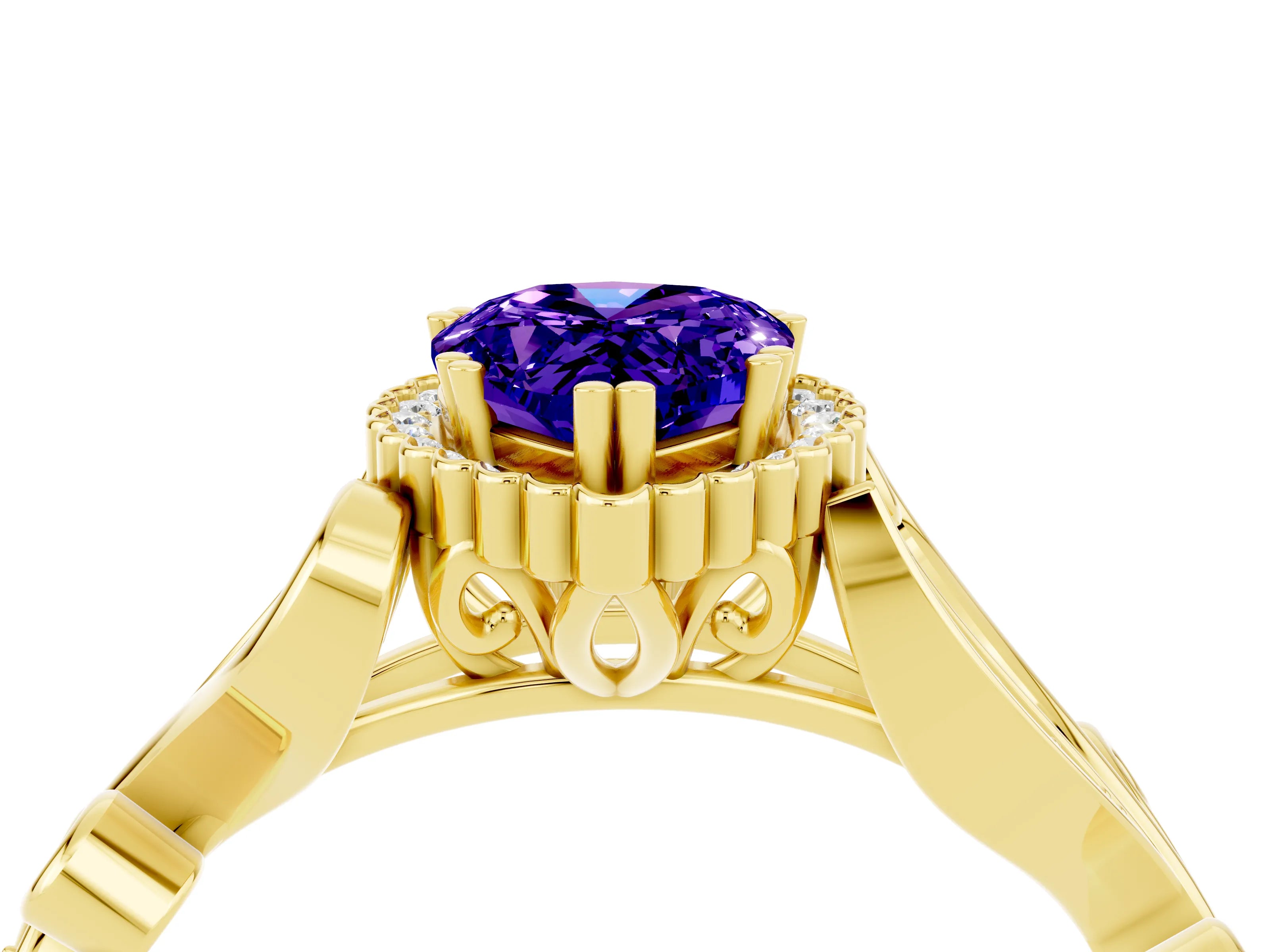 Yellow gold Pear Cut Tanzanite Halo Ring with Vintage Split Shank and Four-Prong Setting_4