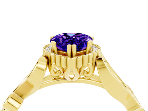 Yellow gold Pear Cut Tanzanite Halo Ring with Vintage Split Shank and Four-Prong Setting_4