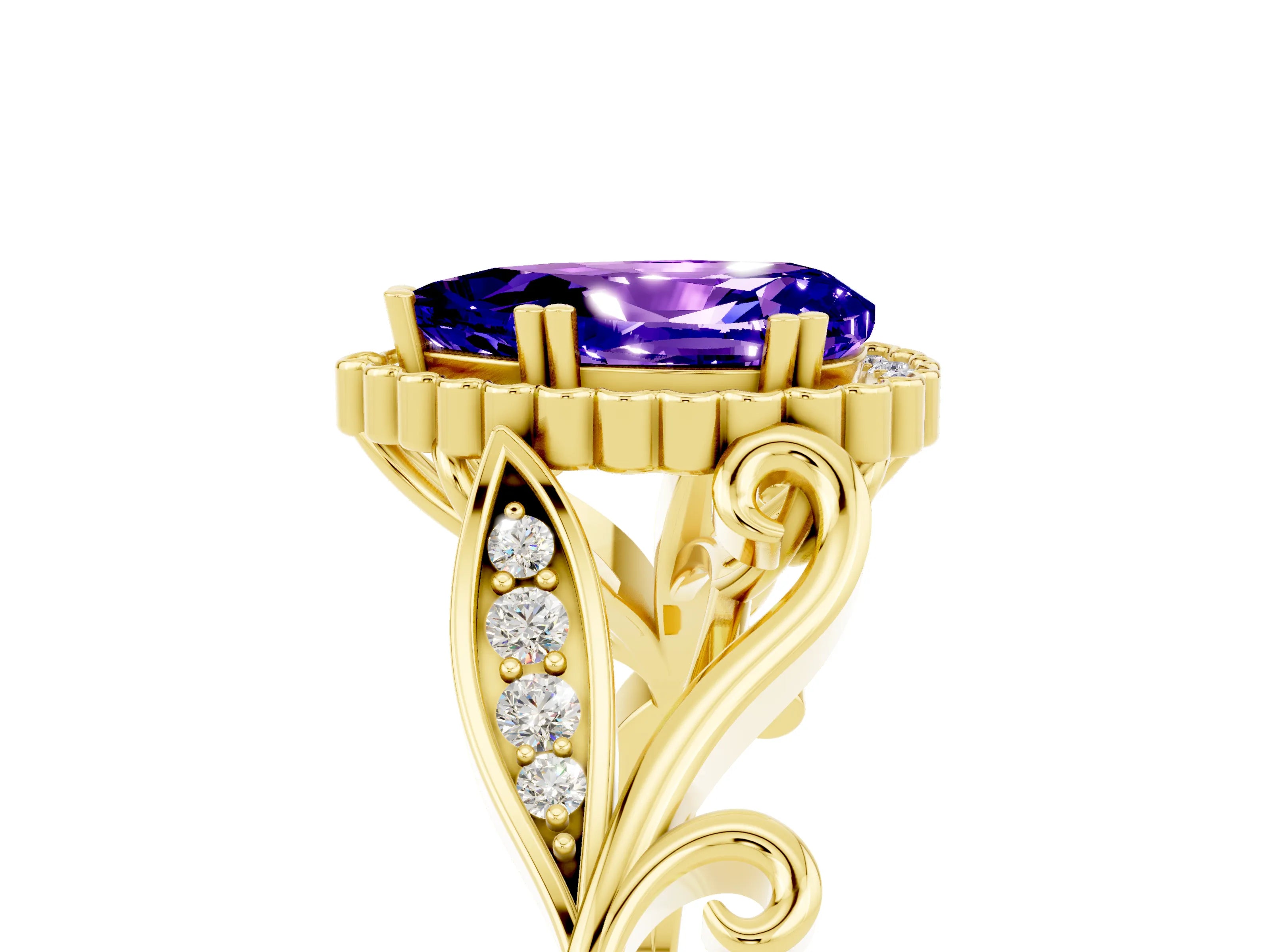 Yellow gold Pear Cut Tanzanite Halo Ring with Vintage Split Shank and Four-Prong Setting_5