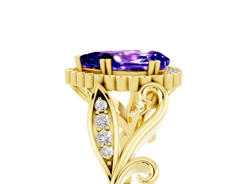 Yellow gold Pear Cut Tanzanite Halo Ring with Vintage Split Shank and Four-Prong Setting_5