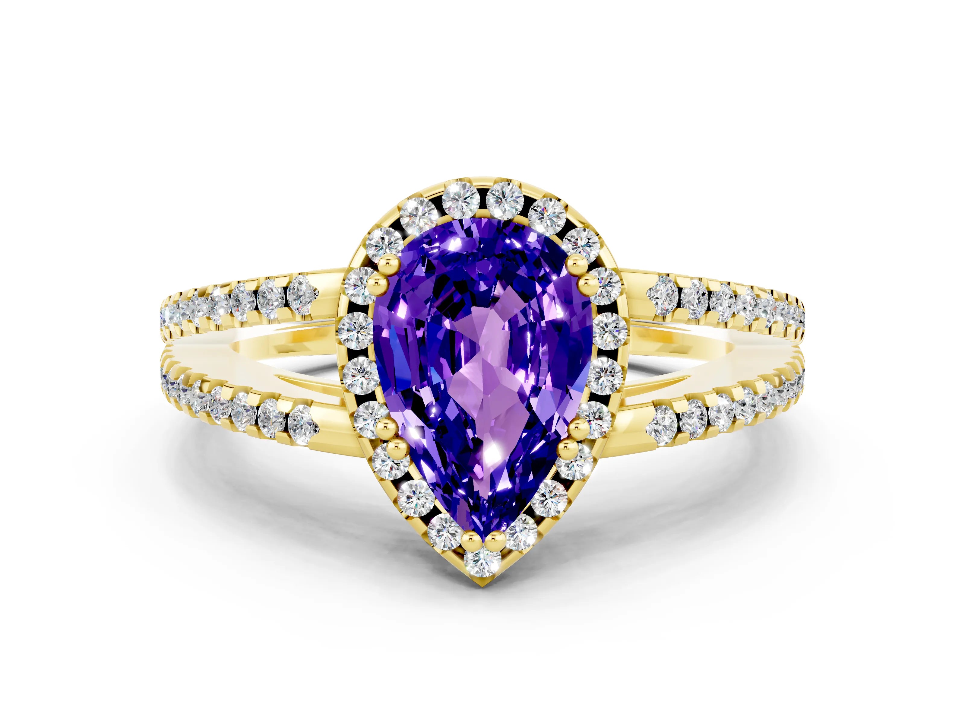 Yellow gold Pear Cut Tanzanite Halo Split Shank Engagement Ring_12