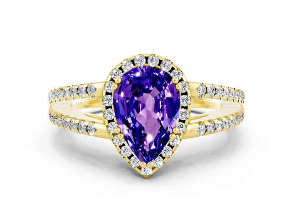 Yellow gold Pear Cut Tanzanite Halo Split Shank Engagement Ring