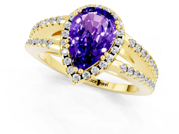 Yellow gold Pear Cut Tanzanite Halo Split Shank Engagement Ring