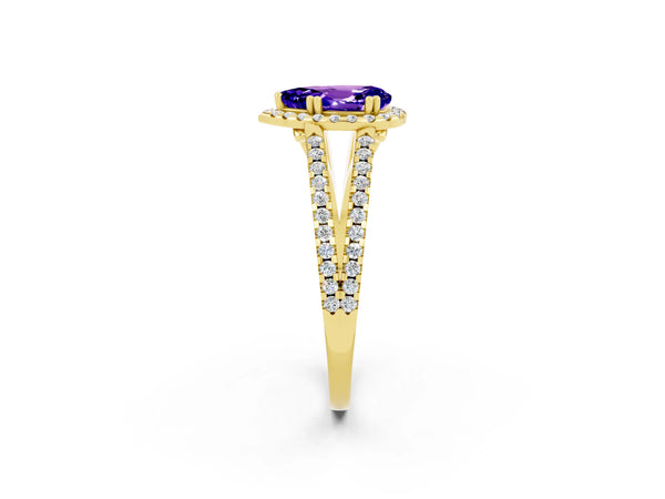 Yellow gold Pear Cut Tanzanite Halo Split Shank Engagement Ring