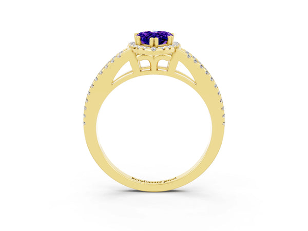 Yellow gold Pear Cut Tanzanite Halo Split Shank Engagement Ring