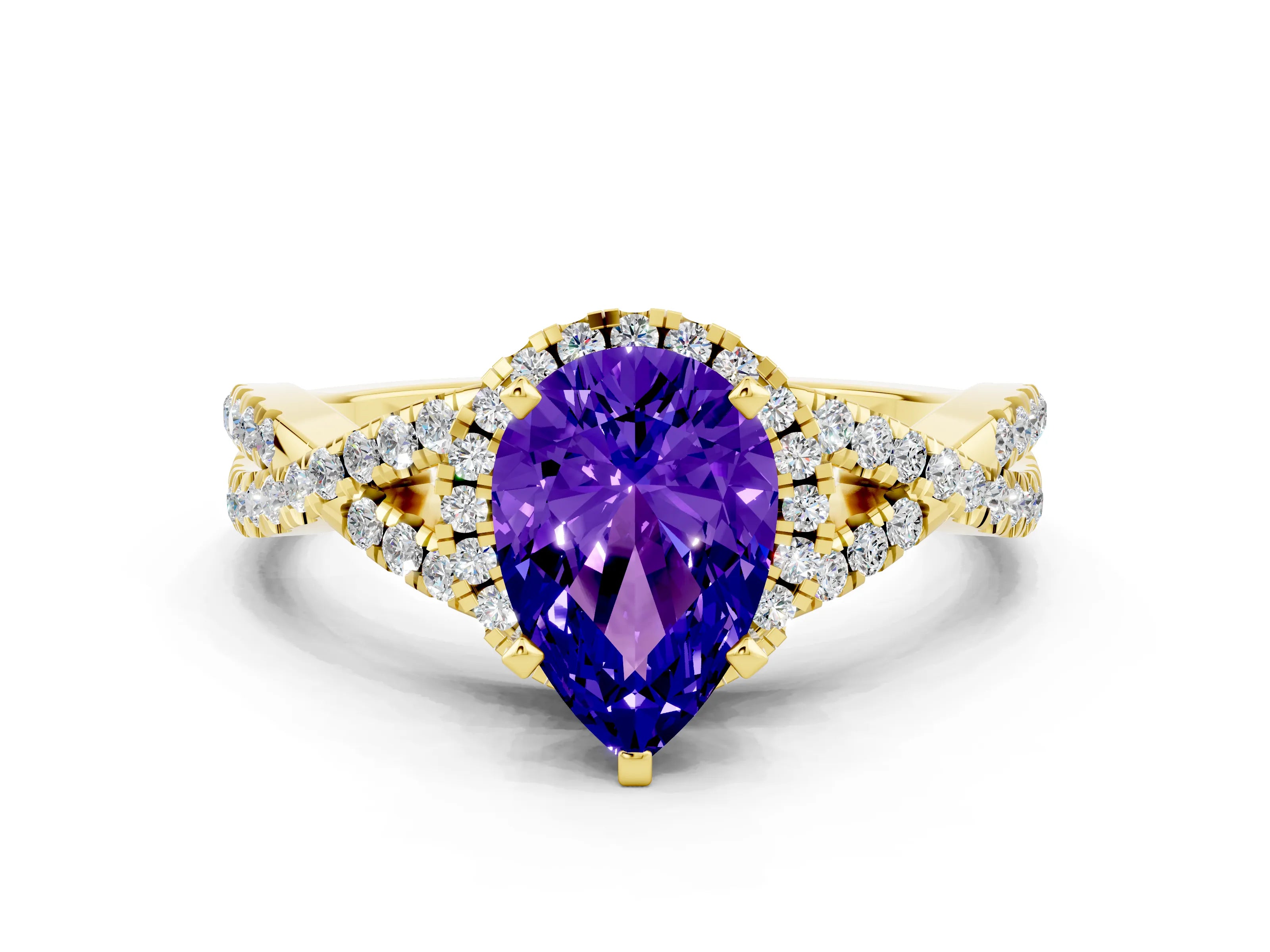 Yellow gold Pear Cut Tanzanite Halo Twist Band Solitaire Prong Setting Ring