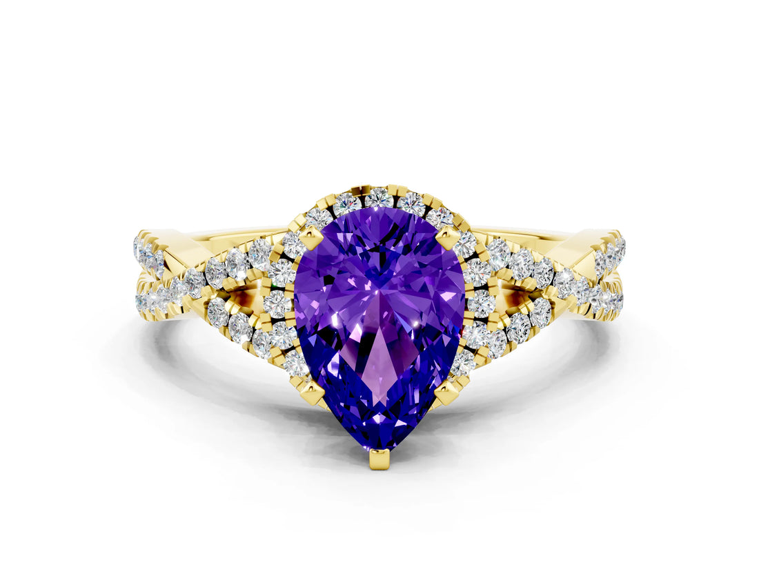 Yellow gold Pear Cut Tanzanite Halo Twist Band Solitaire Prong Setting Ring