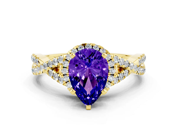 Yellow gold Pear Cut Tanzanite  Halo Twist Band Solitaire Prong Setting Ring