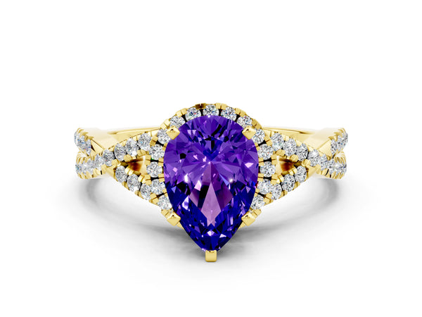 Yellow gold Pear Cut Tanzanite  Halo Twist Band Solitaire Prong Setting Ring