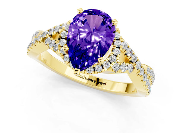 Yellow gold Pear Cut Tanzanite  Halo Twist Band Solitaire Prong Setting Ring