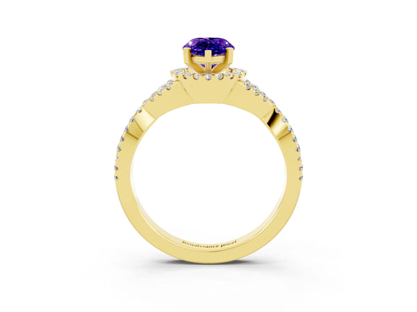 Yellow gold Pear Cut Tanzanite  Halo Twist Band Solitaire Prong Setting Ring