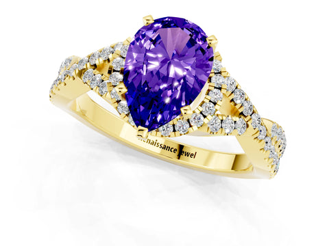 Yellow gold Pear Cut Tanzanite Halo Twist Band Solitaire Prong Setting Ring_1