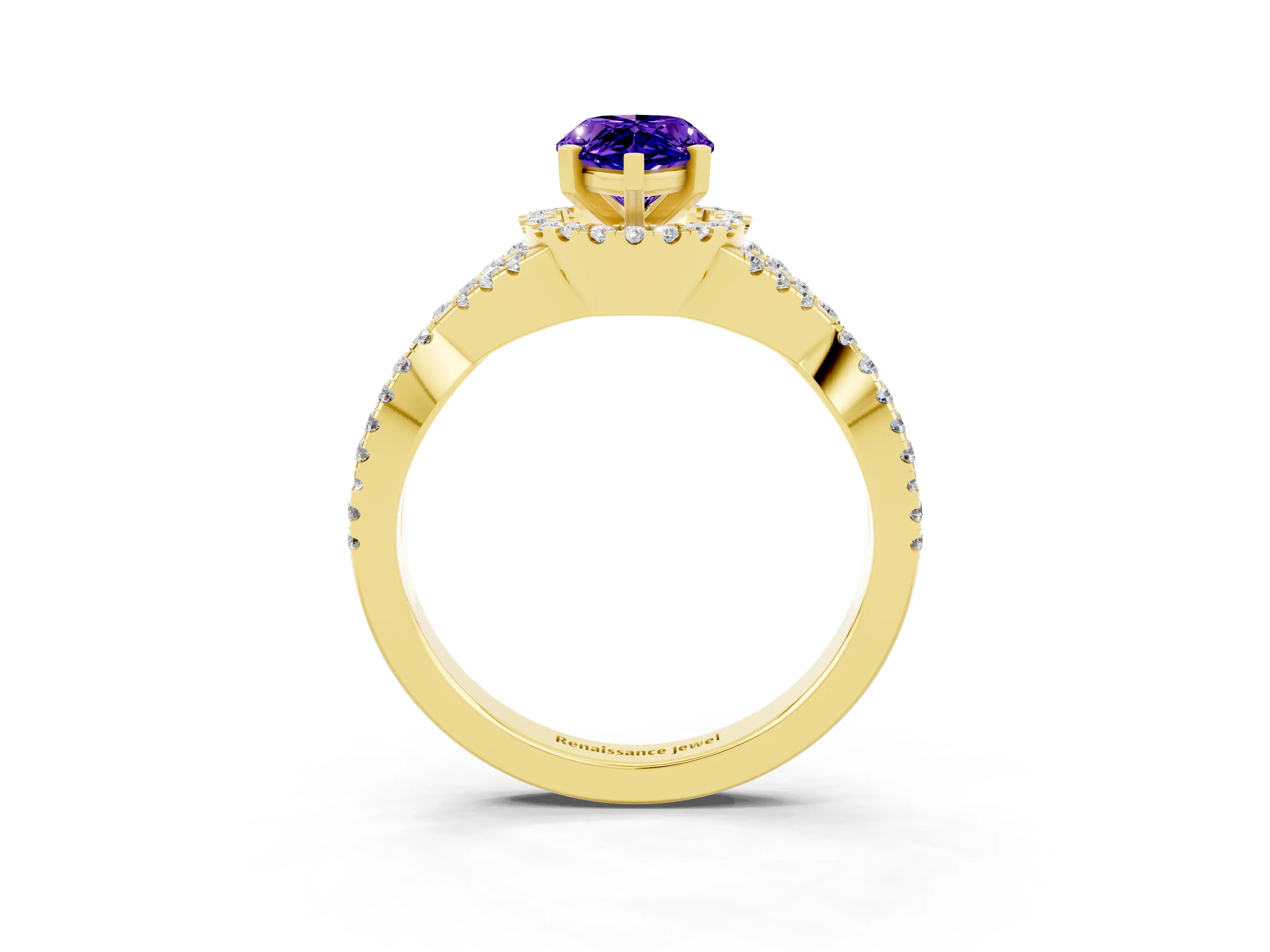 Yellow gold Pear Cut Tanzanite Halo Twist Band Solitaire Prong Setting Ring_3
