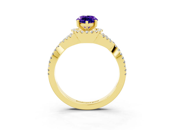 Yellow gold Pear Cut Tanzanite  Halo Twist Band Solitaire Prong Setting Ring