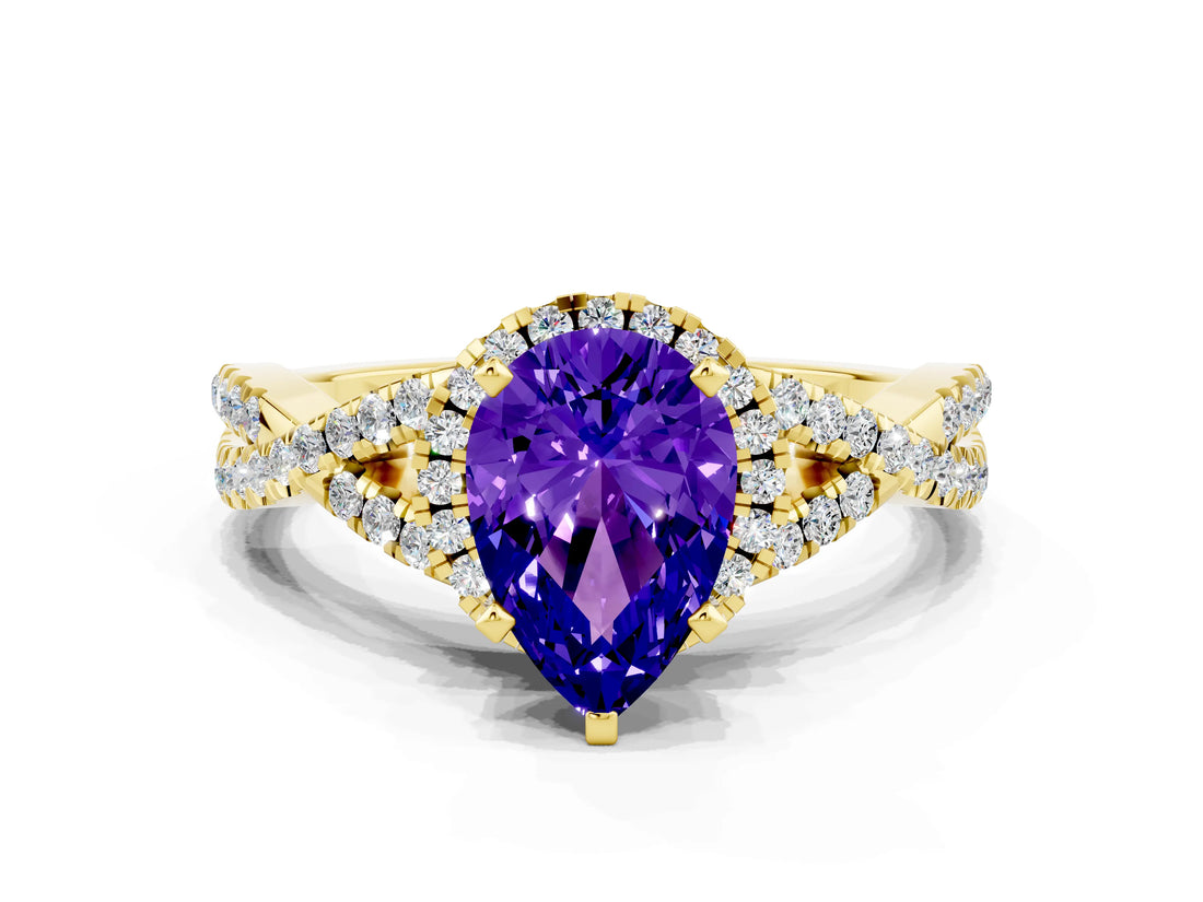 Yellow gold Pear Cut Tanzanite  Halo Twist Band Solitaire Prong Setting Ring_36