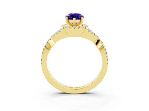 Yellow gold Pear Cut Tanzanite Halo Twist Band Solitaire Prong Setting Ring_3
