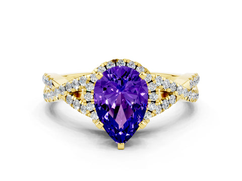 Yellow gold Pear Cut Tanzanite Halo Twist Band Solitaire Prong Setting Ring