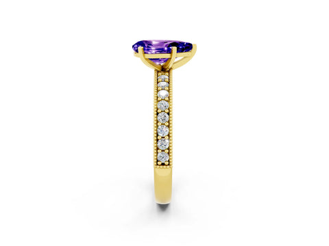 Yellow gold Pear Cut Tanzanite Milgrain Pavé Engagement Ring with Four-Prong Setting_2