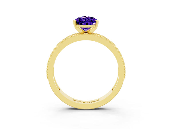 Yellow gold Pear Cut Tanzanite Milgrain Pavé Engagement Ring with Four-Prong Setting