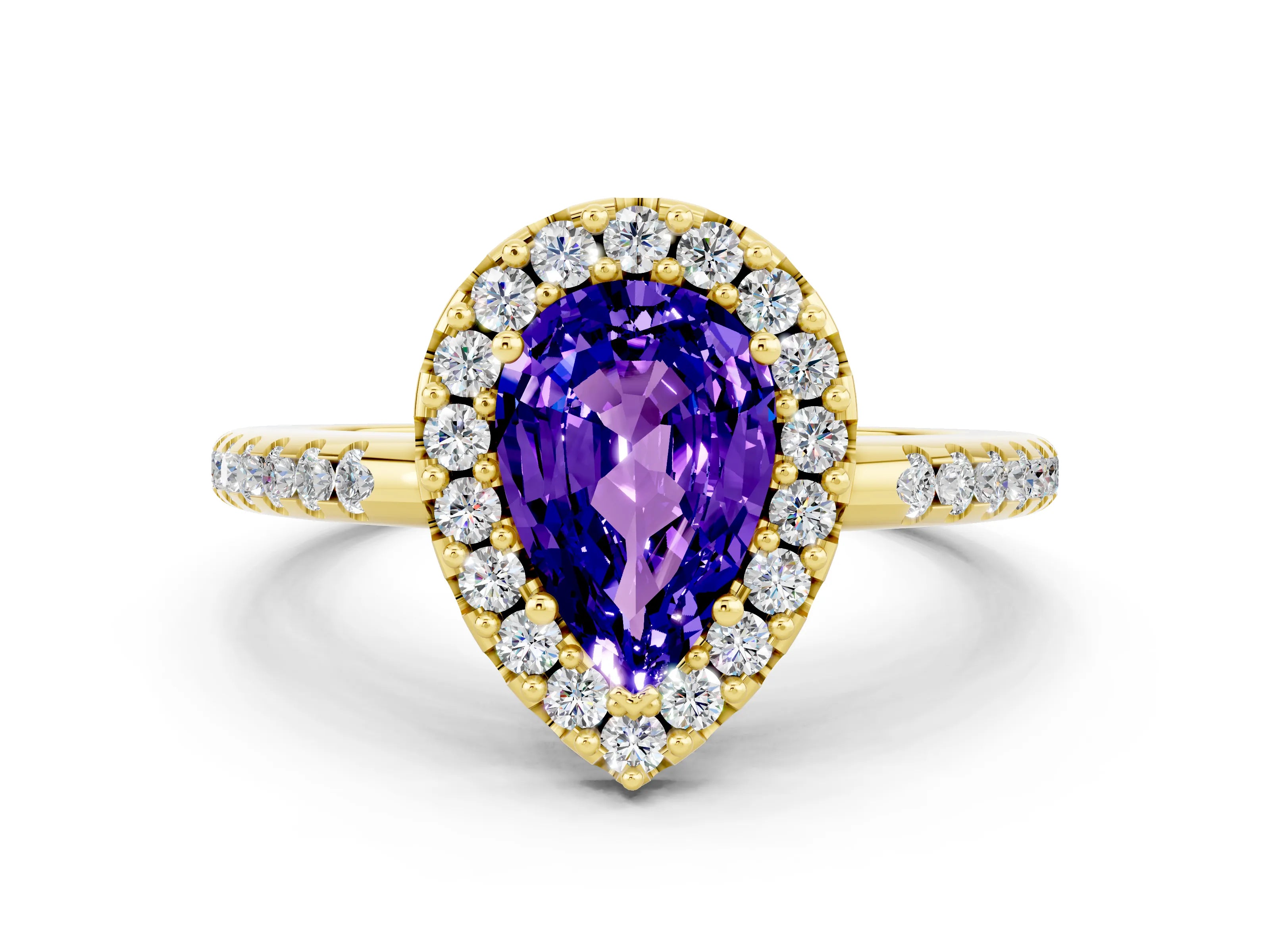Yellow gold Pear Cut Tanzanite Pavé Halo Ring with Four-Prong Setting_12