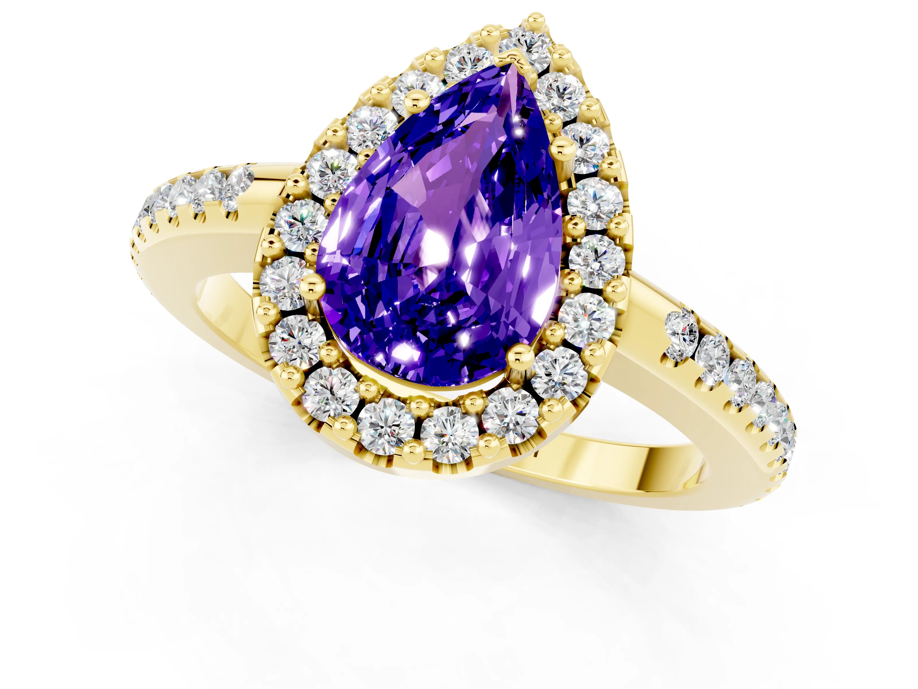 Yellow gold Pear Cut Tanzanite Pavé Halo Ring with Four-Prong Setting_13