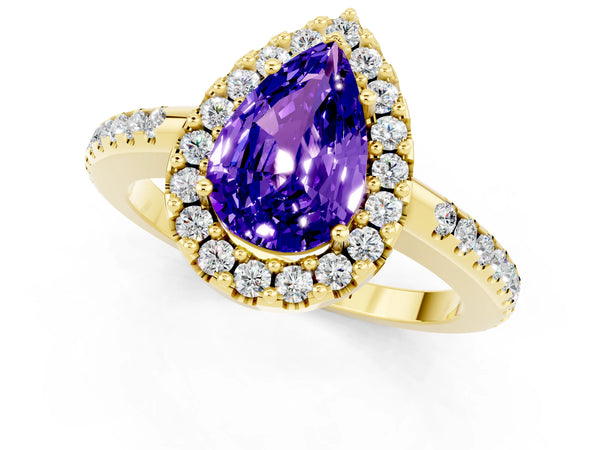 Yellow gold Pear Cut Tanzanite Pavé Halo Ring with Four-Prong Setting