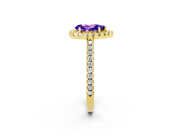 Yellow gold Pear Cut Tanzanite Pavé Halo Ring with Four-Prong Setting