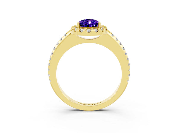 Yellow gold Pear Cut Tanzanite Pavé Halo Ring with Four-Prong Setting