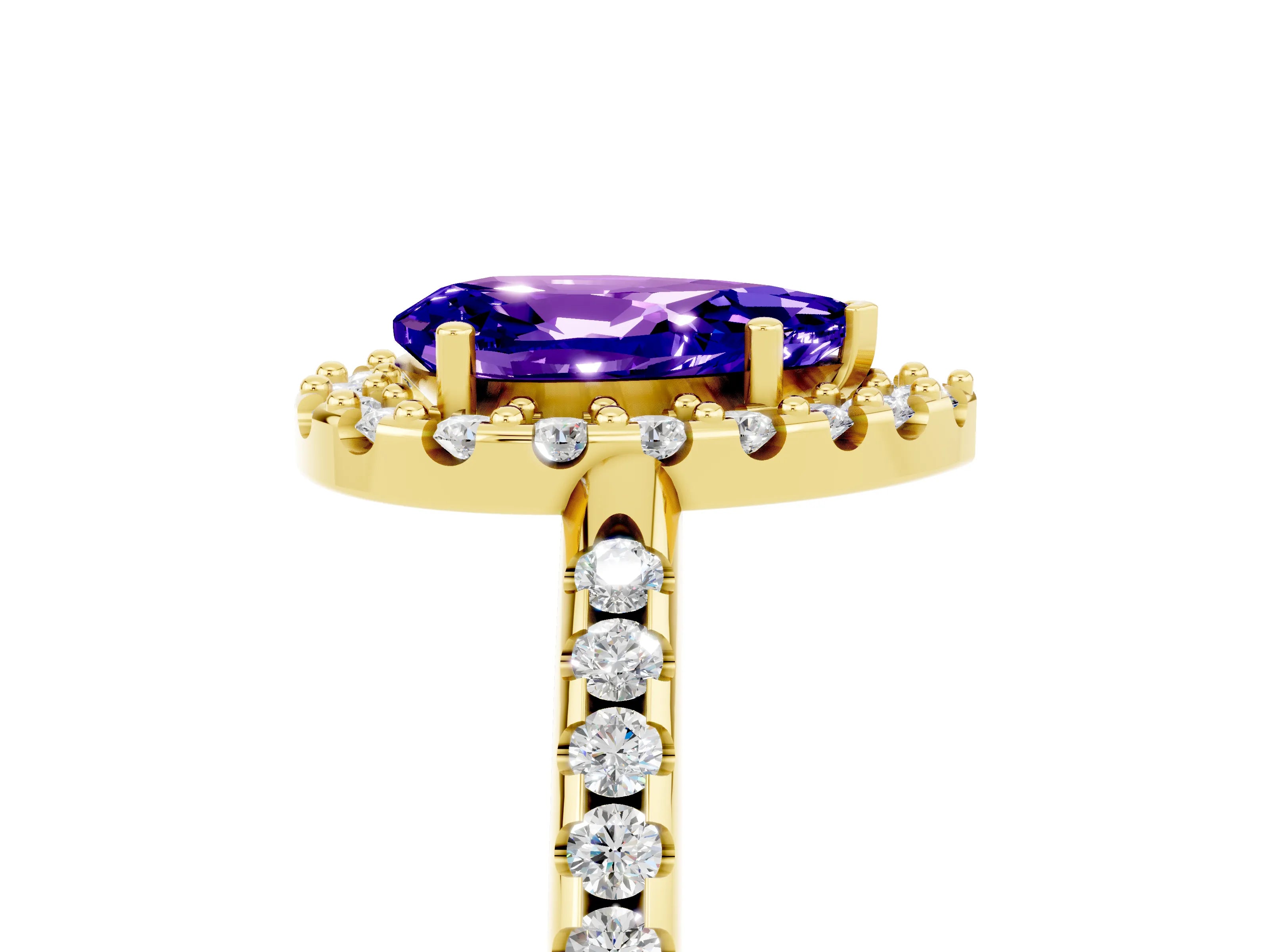 Yellow gold Pear Cut Tanzanite Pavé Halo Ring with Four-Prong Setting_17