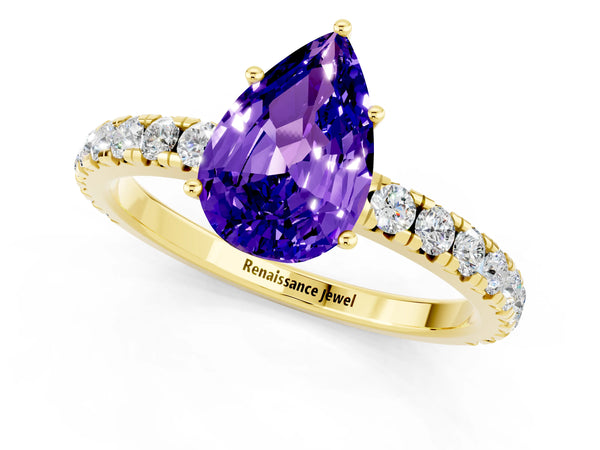 Yellow gold Pear Cut Tanzanite Pavé Solitaire Engagement Ring with Four-Prong Setting
