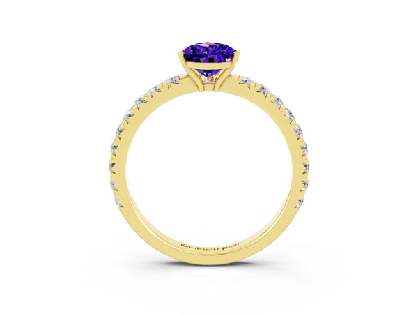 Yellow gold Pear Cut Tanzanite Pavé Solitaire Engagement Ring with Four-Prong Setting