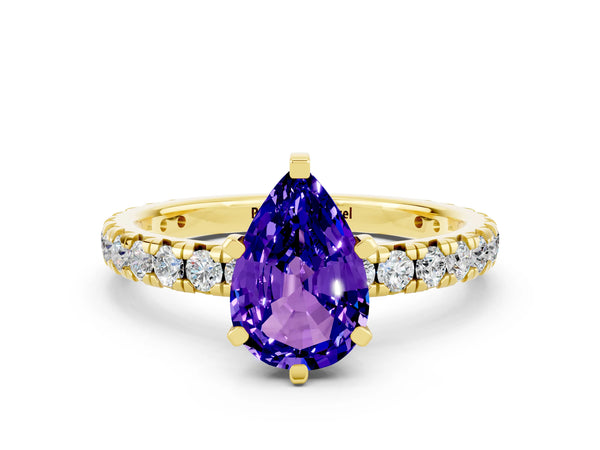 Yellow gold Pear Cut Tanzanite Pavé Solitaire Ring with Round Band and Prong Setting