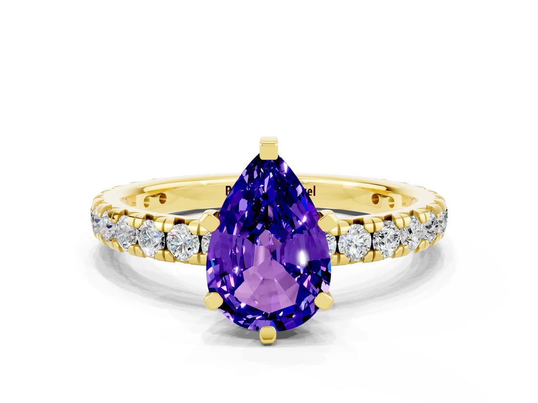 Yellow gold Pear Cut Tanzanite Pavé Solitaire Ring with Round Band and Prong Setting_24