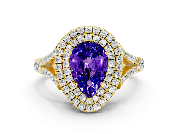 Yellow gold Pear Cut Tanzanite Pavé Split Shank Double Halo Engagement Ring