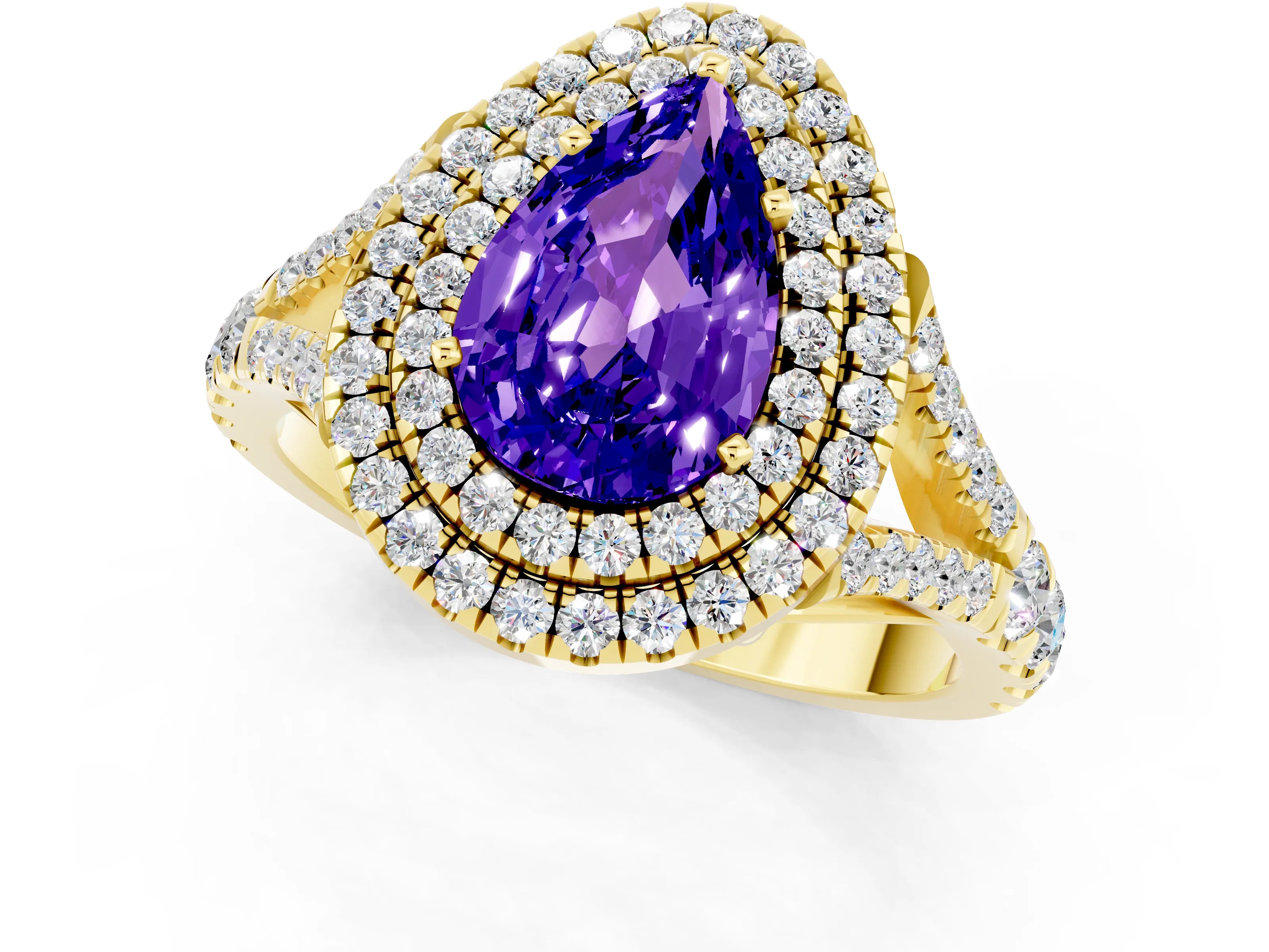 Yellow gold Pear Cut Tanzanite Pavé Split Shank Double Halo Engagement Ring_1