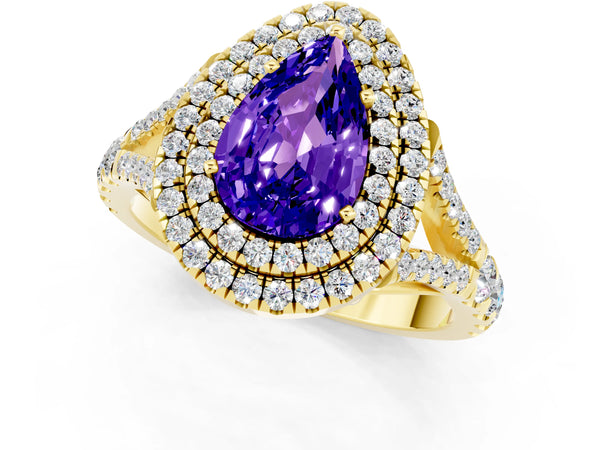 Yellow gold Pear Cut Tanzanite Pavé Split Shank Double Halo Engagement Ring