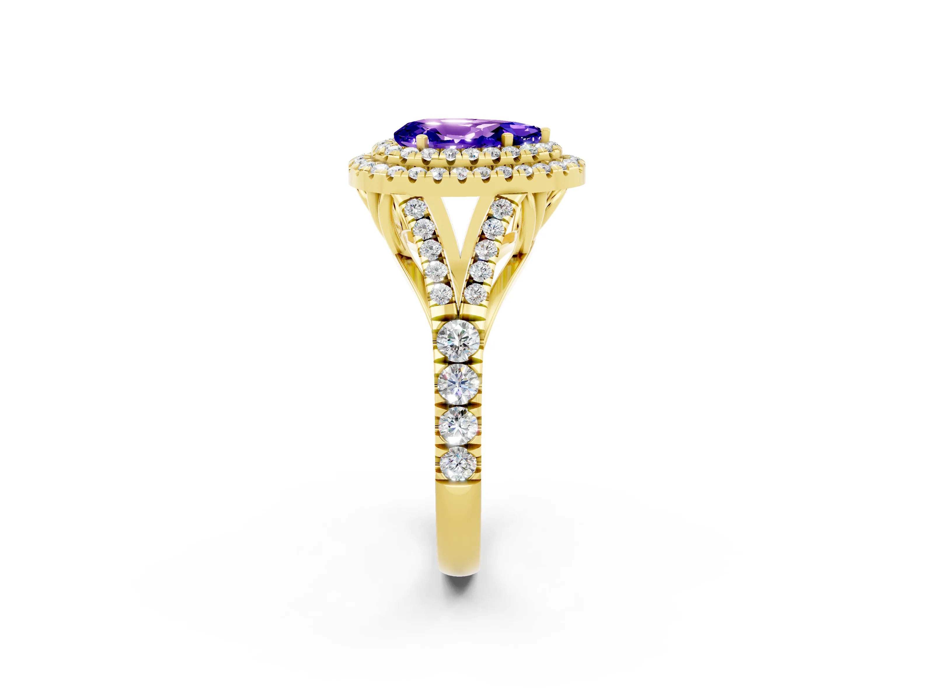 Yellow gold Pear Cut Tanzanite Pavé Split Shank Double Halo Engagement Ring_2