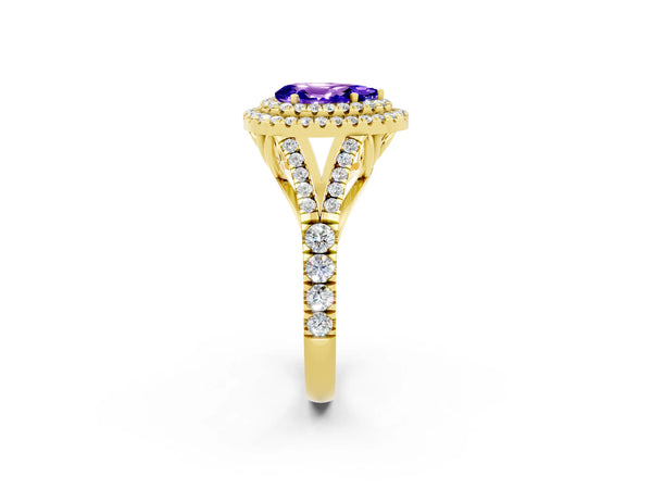 Yellow gold Pear Cut Tanzanite Pavé Split Shank Double Halo Engagement Ring