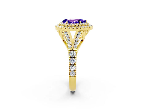 Yellow gold Pear Cut Tanzanite Pavé Split Shank Double Halo Engagement Ring_2