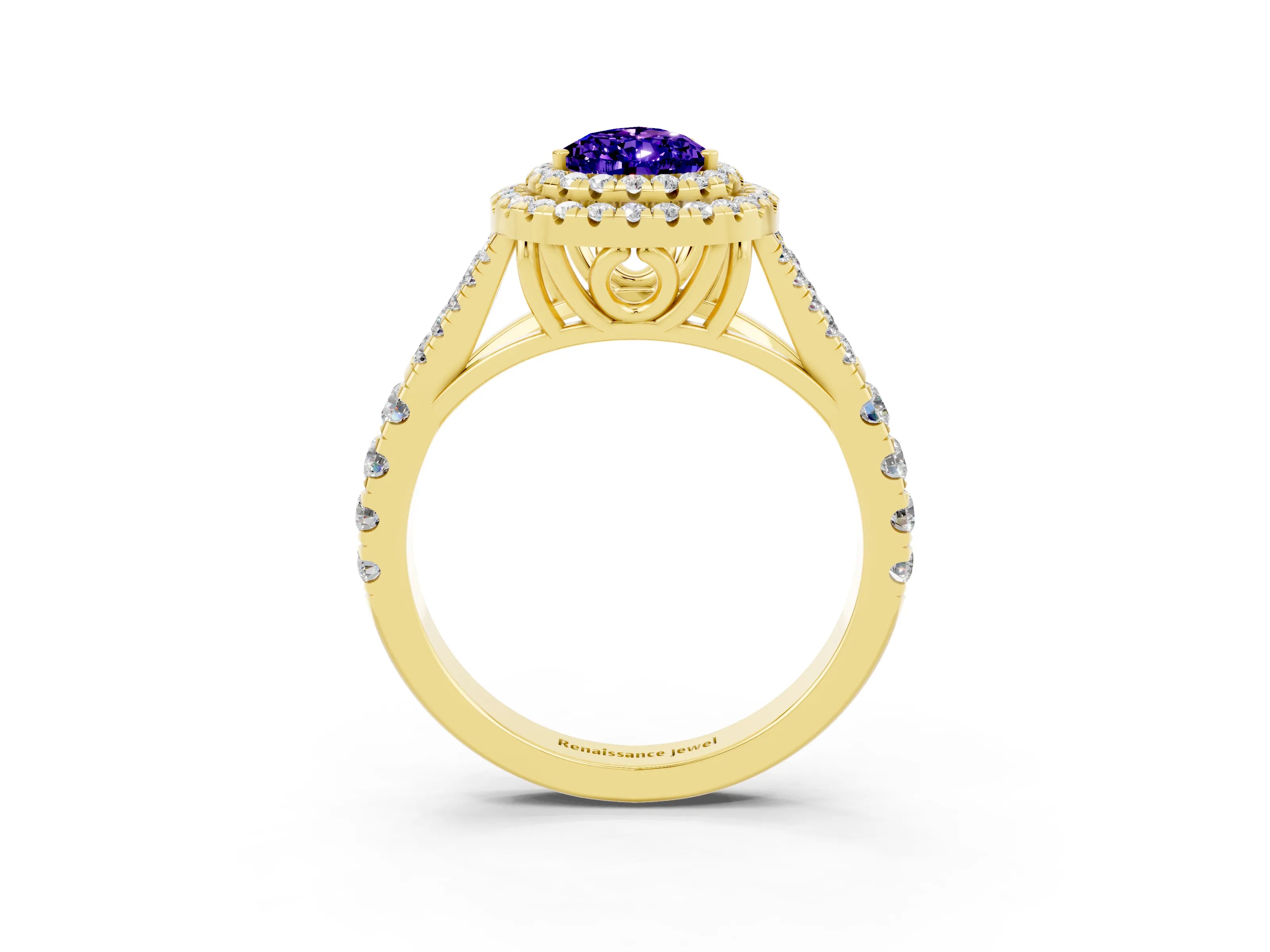 Yellow gold Pear Cut Tanzanite Pavé Split Shank Double Halo Engagement Ring_3