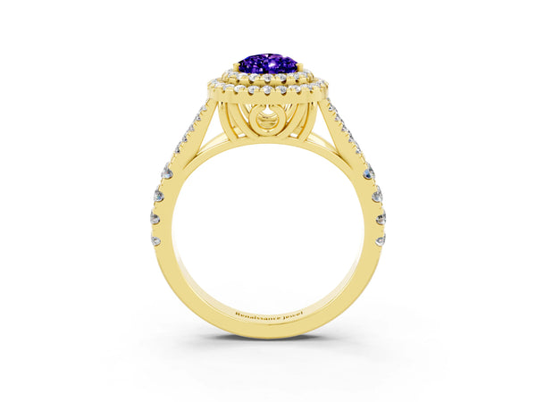 Yellow gold Pear Cut Tanzanite Pavé Split Shank Double Halo Engagement Ring