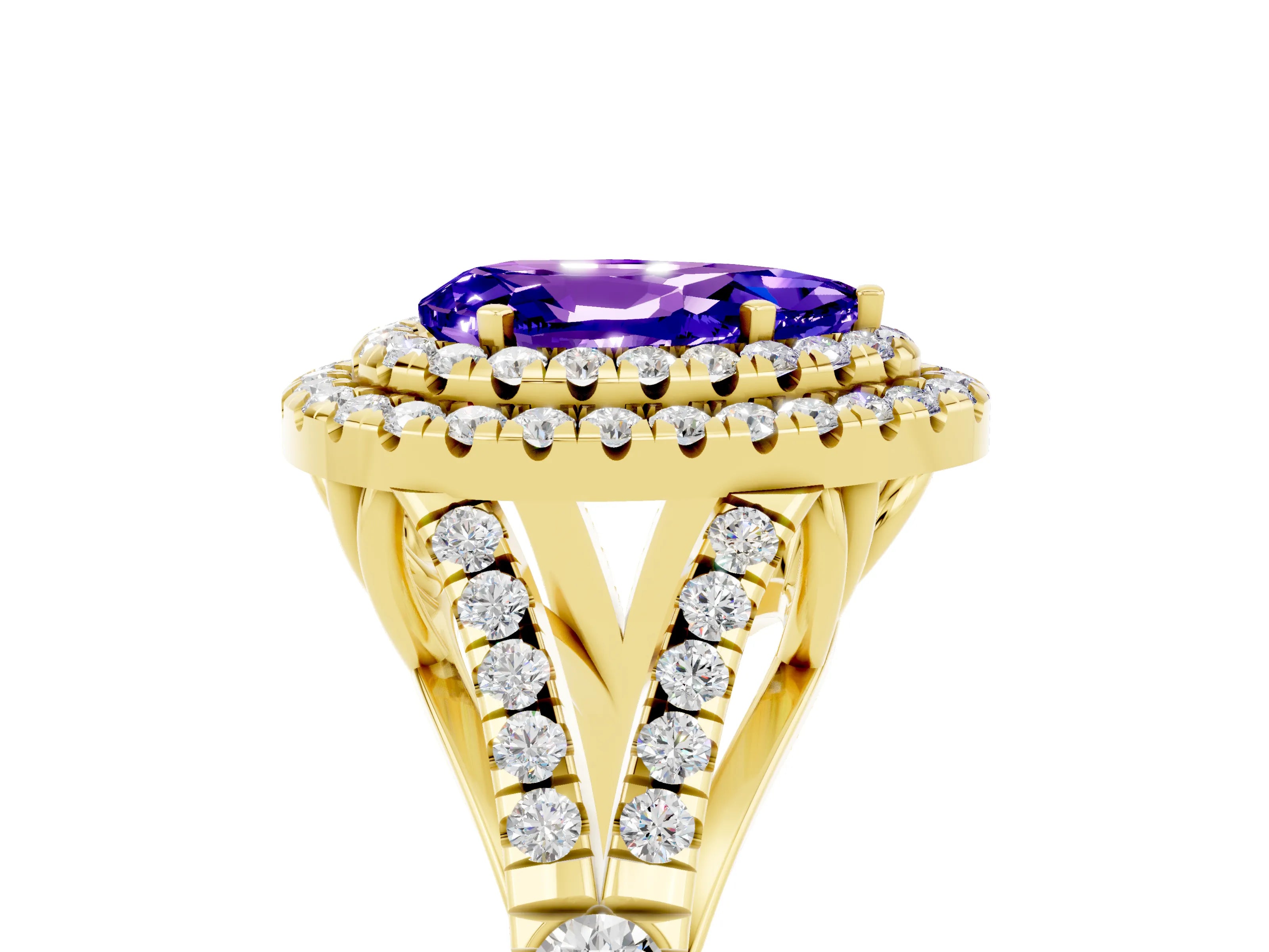 Yellow gold Pear Cut Tanzanite Pavé Split Shank Double Halo Engagement Ring_5
