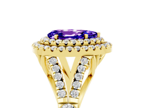 Yellow gold Pear Cut Tanzanite Pavé Split Shank Double Halo Engagement Ring_5