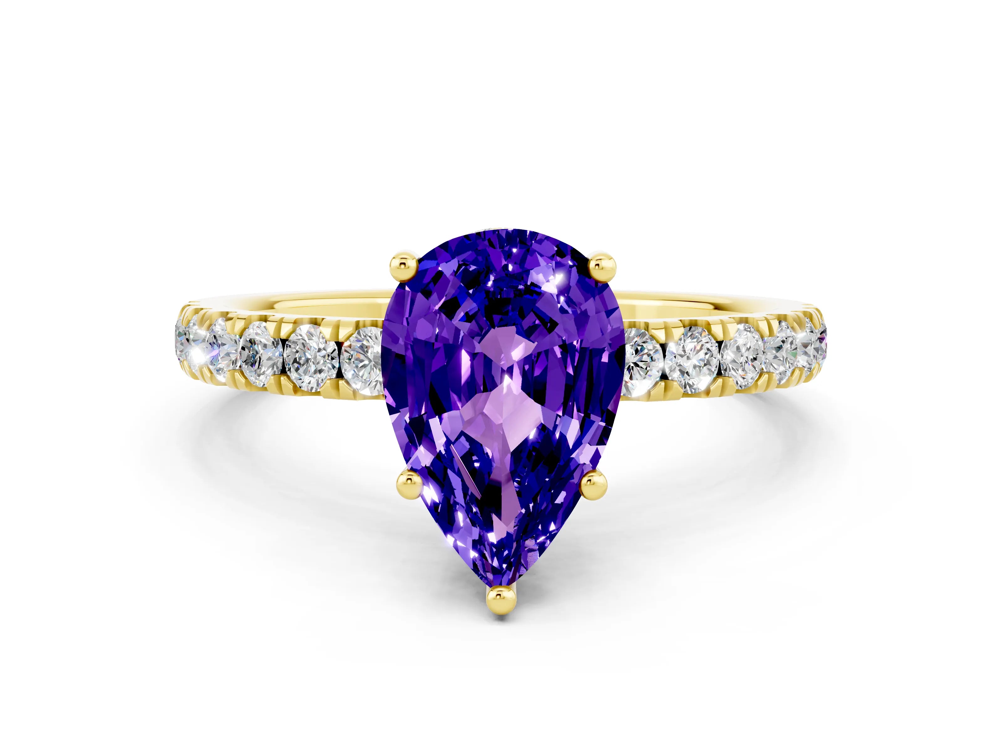 Yellow gold Pear Cut Tanzanite Pave Band Solitaire Ring with Four-Prong Setting_12