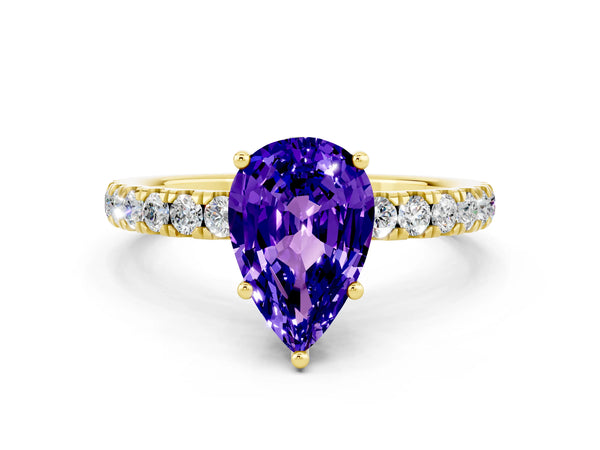 Yellow gold Pear Cut Tanzanite Pave Band Solitaire Ring with Round  and Prong Setting
