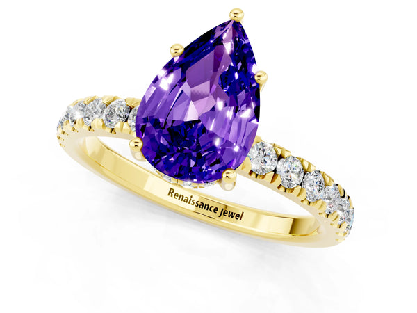 Yellow gold Pear Cut Tanzanite Pave Band Solitaire Ring with Round  and Prong Setting